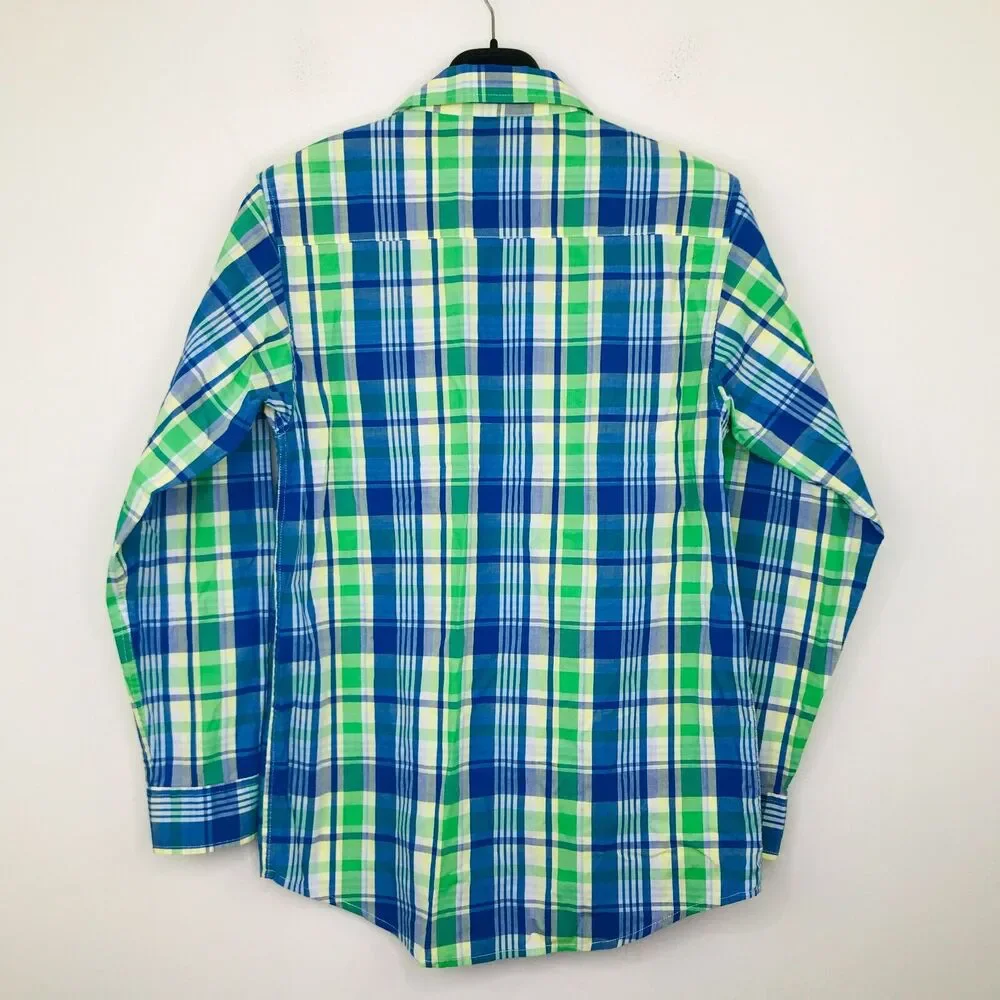 Tommy Hilfiger Boys 18 Dress Shirt Blue Green Plaid Long Sleeve Button Up BV4